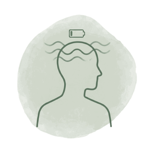 Illustration eines Kopfprofils mit Batterieladungssymbol, symbolisiert geistige Energie und Erholung.
