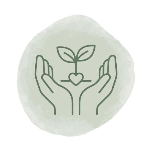 Illustration von zwei Händen, die eine kleine Pflanze mit Herz in der Mitte halten, symbolisiert Umweltschutz und nachhaltige Pflege.