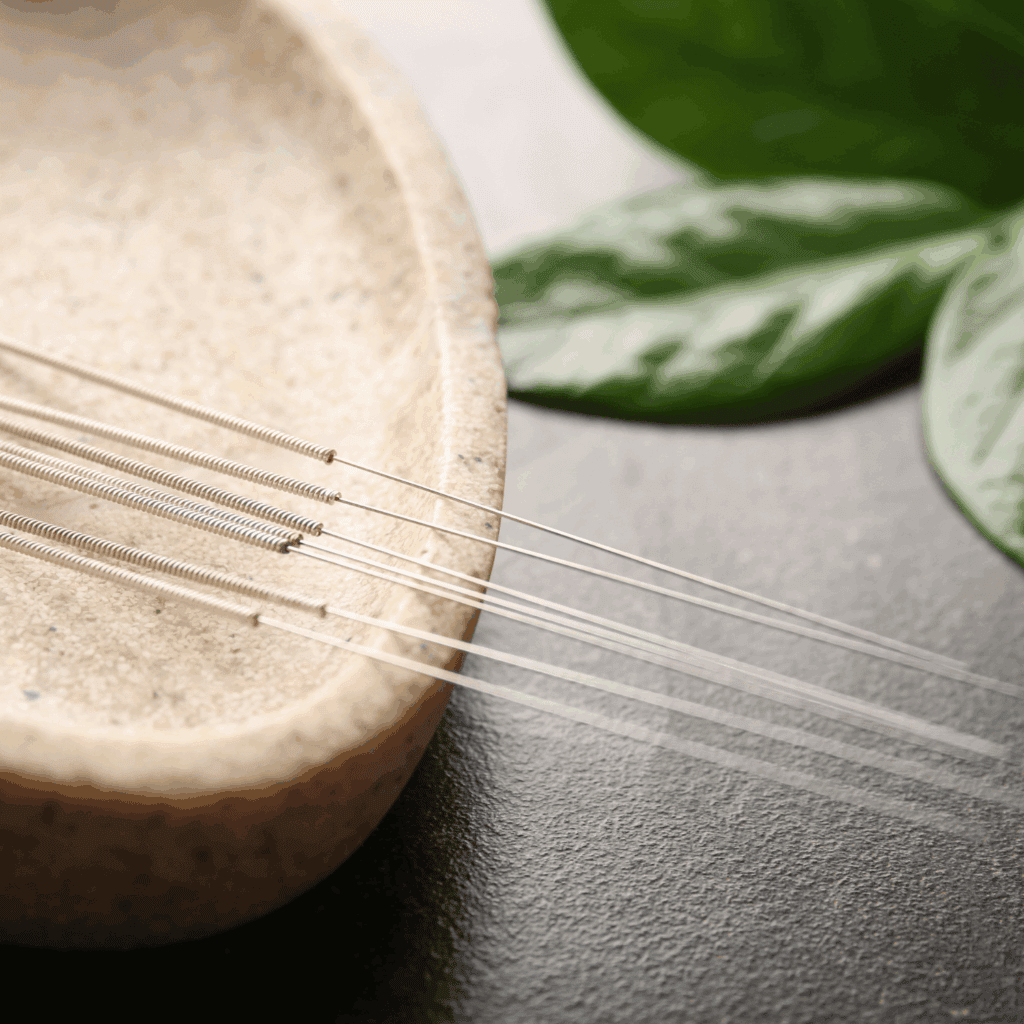 Nahaufnahme von Akupunkturnadeln in einer Stein-Schale, symbolisiert traditionelle Akupunktur im Kontext der konstitutionellen Akupunktur.