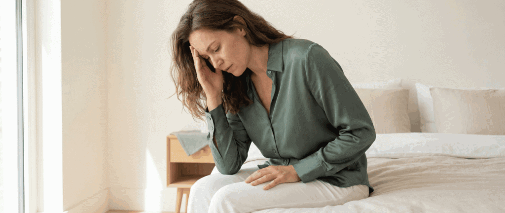 Frau mit Kopfschmerzen sitzt im Schlafzimmer auf dem Bett, hält den Kopf und wirkt gestresst und erschöpft. Ideal für Themen wie Gesundheit, Stressmanagement und mentale Gesundheit.