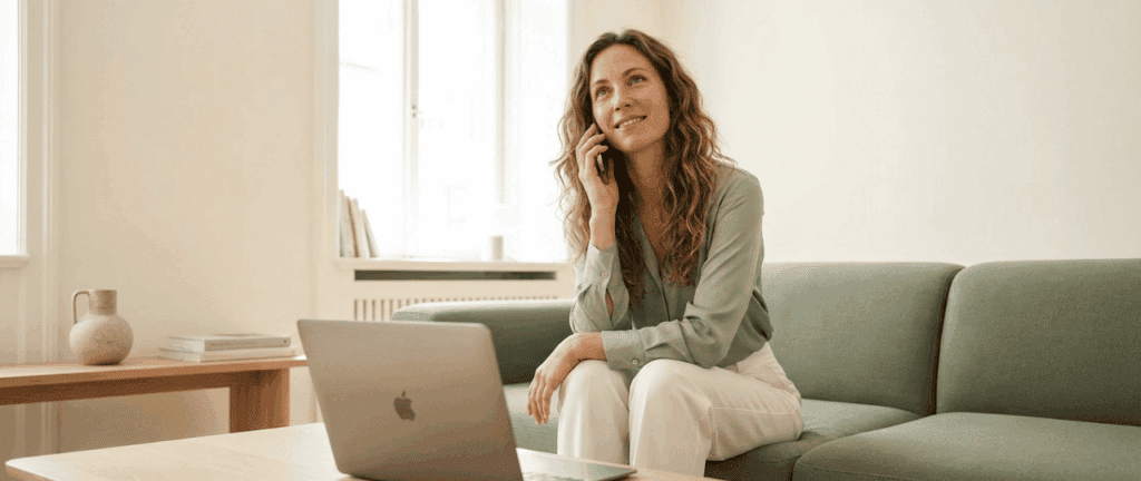 Frau sitzt entspannt im Home-Office, spricht am Telefon und arbeitet an ihrem Laptop. Das helle, freundliche Arbeitsumfeld fördert Produktivität und Wohlbefinden.