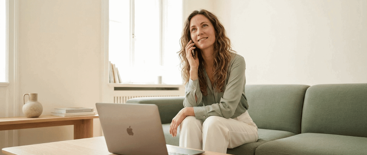 Frau sitzt entspannt im Home-Office, spricht am Telefon und arbeitet an ihrem Laptop. Das helle, freundliche Arbeitsumfeld fördert Produktivität und Wohlbefinden.