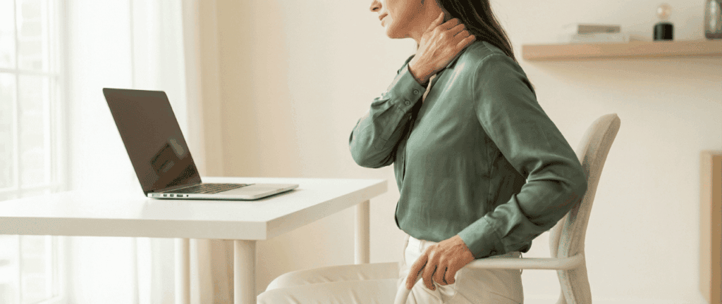 Frau hält sich den Nacken und leidet unter Nackenschmerzen, während sie an einem Schreibtisch mit Laptop sitzt.