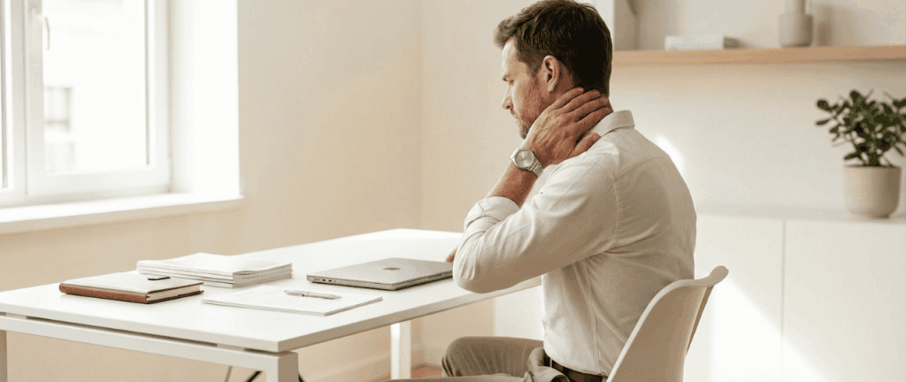 Stress am Arbeitsplatz: Mann leidet unter Nackenschmerzen, sitzt an einem Schreibtisch mit Laptop und Unterlagen.