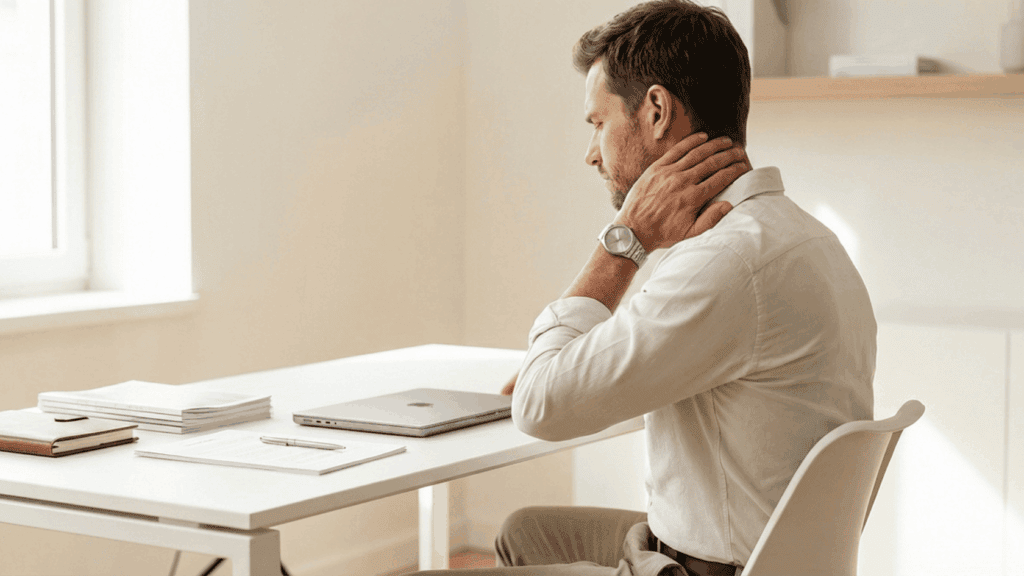 Mann leidet an Nackenverspannungen, hält sich den Nacken, sitzt an einem Schreibtisch mit Laptop und Dokumenten in einem hellen Büro.