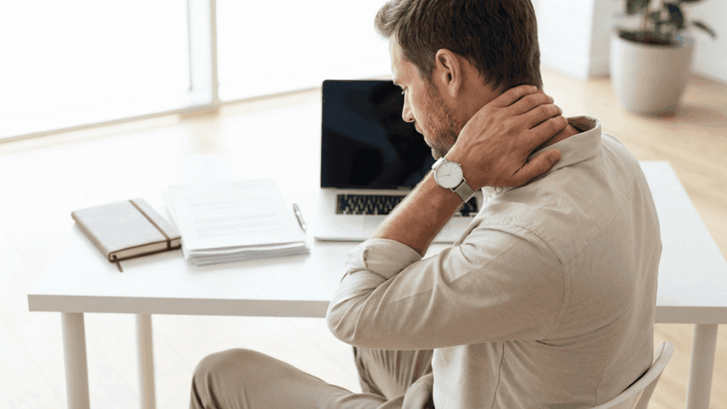 Mann hält sich den Nacken, zeigt Nackenschmerzen während der Arbeit am Schreibtisch, mit Laptop und Unterlagen im Hintergrund.