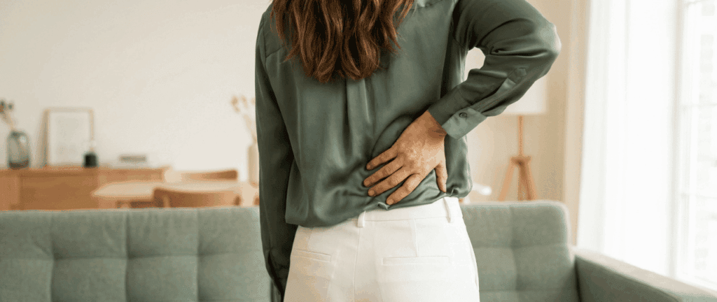 Frau hält sich schmerzhaft den unteren Rücken, zeigt Beschwerden und Unwohlsein. Ideal für Inhalte zu Rückenschmerzen, Gesundheit und Schmerzmanagement.