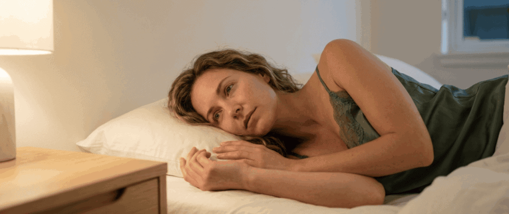 Frau liegt nachts im Bett, wirkt müde und nachdenklich, in einem ruhigen Schlafzimmer mit warmem Licht.
