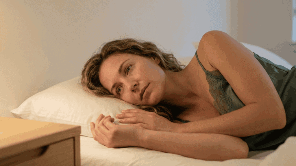 Frau liegt nachdenklich im Bett, entspannt und ruhig, in einem hellen Schlafzimmer mit natürlichem Licht.