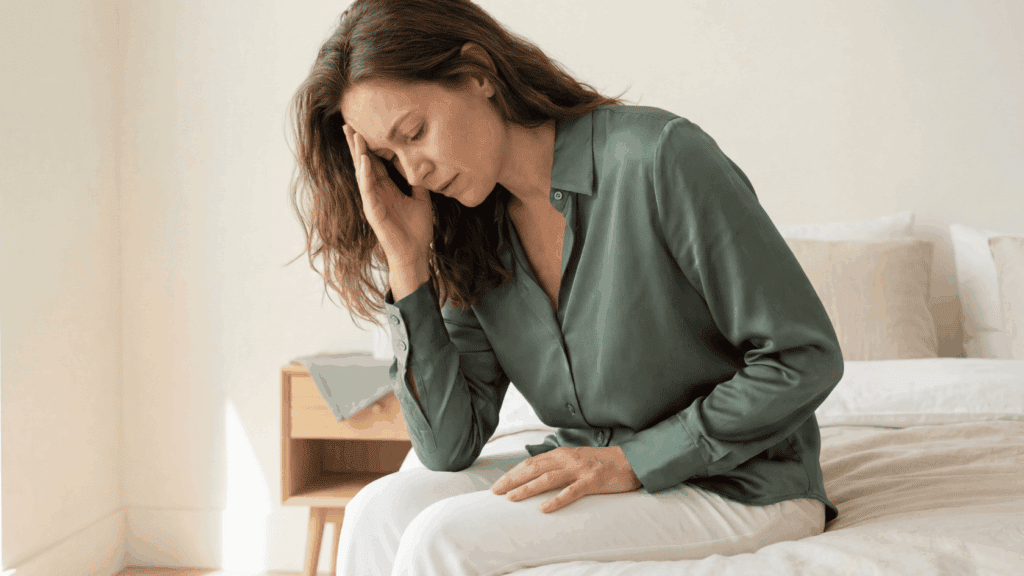 Frau mit Bauchschmerzen hält sich den Unterleib, zeigt Anzeichen von Unwohlsein, sitzt auf einem Bett in einem hellen Schlafzimmer.
